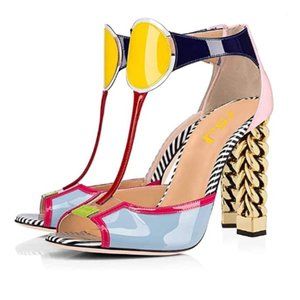 FSJ Gold Metal Chain Thick High Heel Sandal Open Toe Strappy Shoes